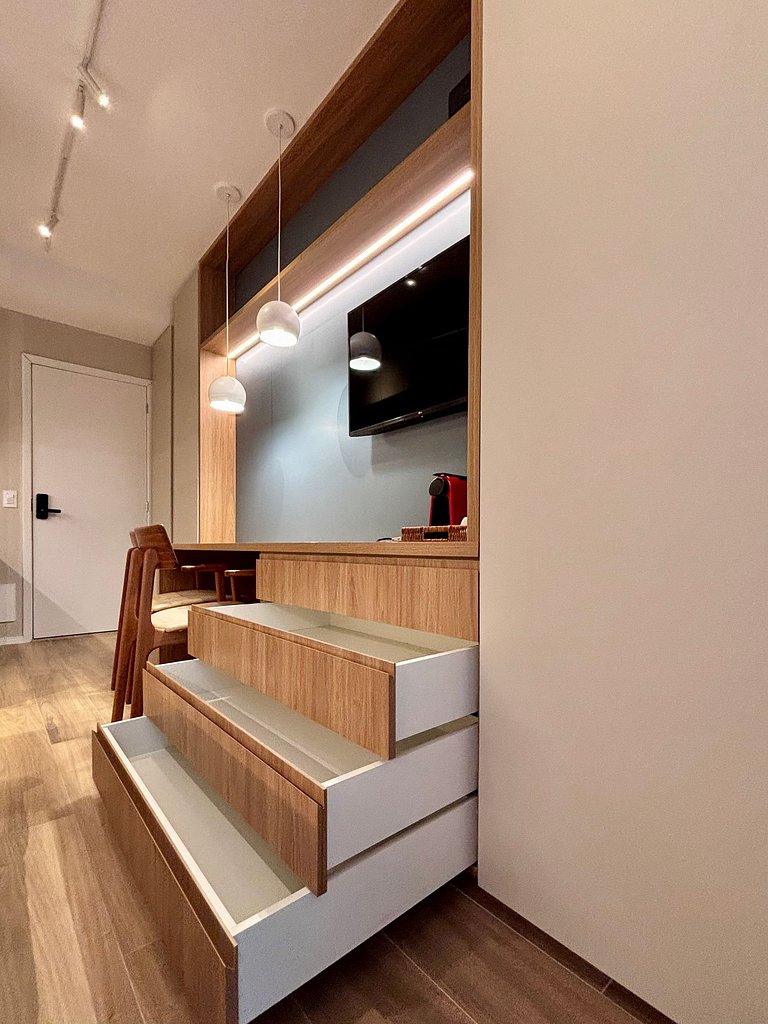Studio planejado para longas estadias em Pinheiros